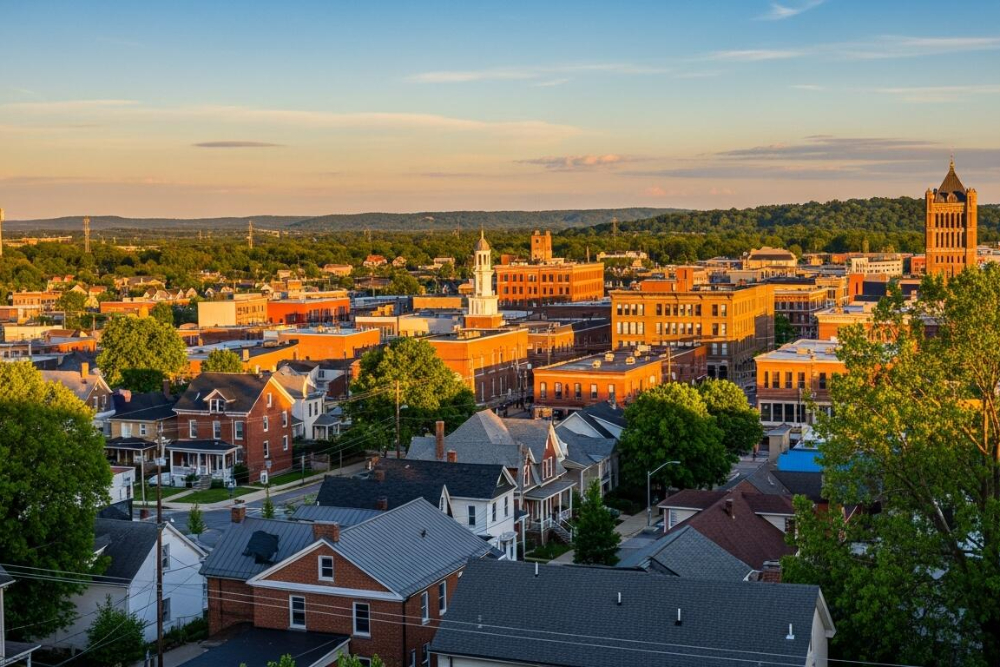 A city skyline at sunset with brick buildings, church towers, and residential houses in the foreground surrounded by green trees.