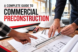 Cover image for a guide on commercial preconstruction showing hands and drafting tools over blueprints on a wooden table, with a hard hat in the background.