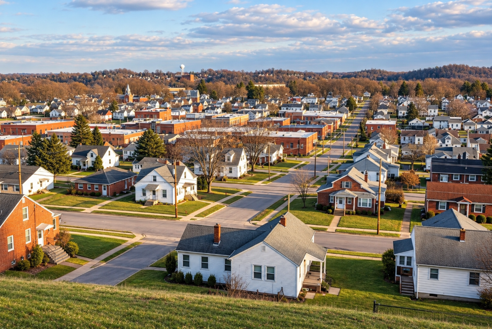 Aerial view of a suburban neighborhood with white and brick homes, tree-lined streets, and green lawns.
